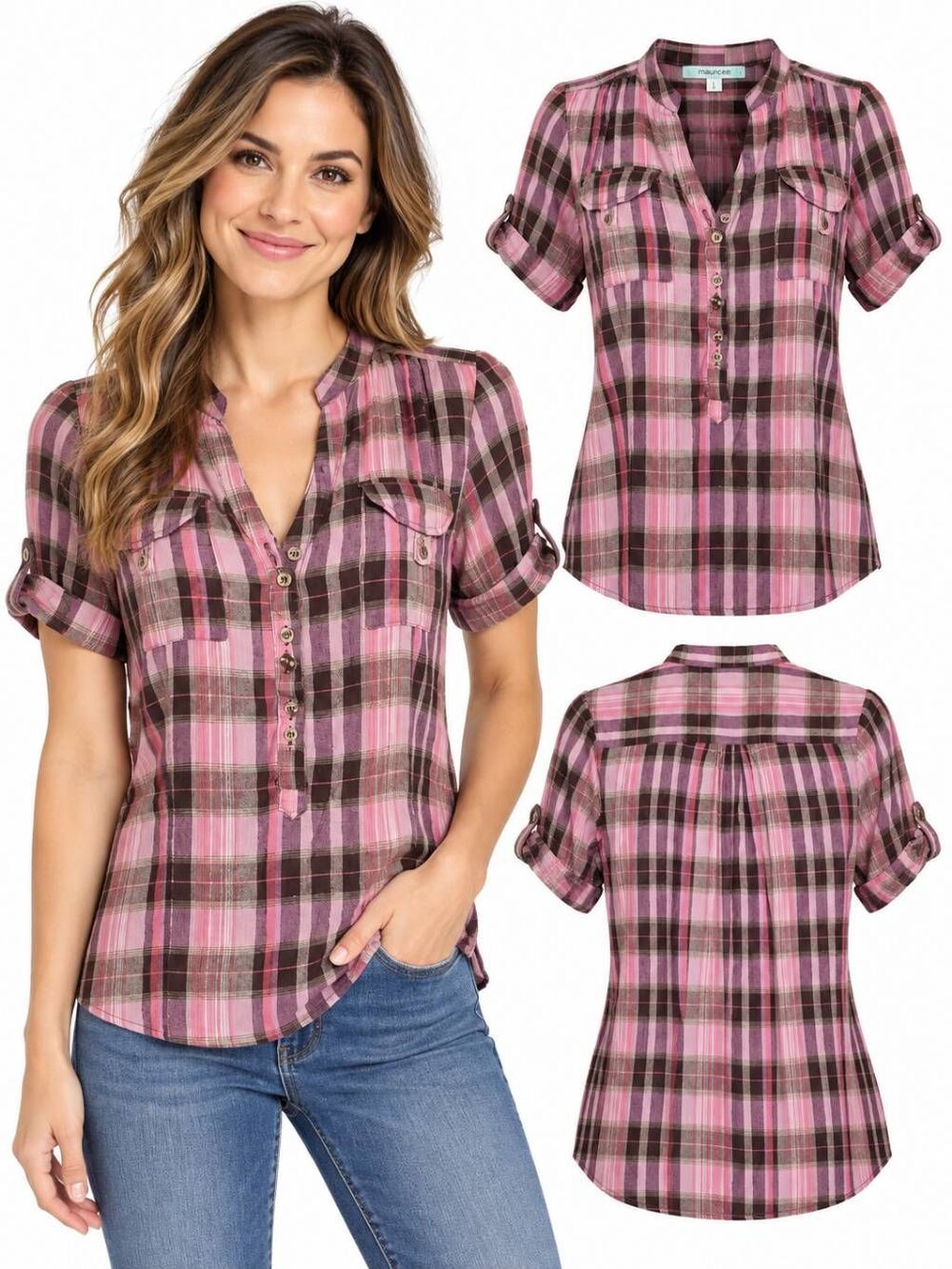 Maurices Small Pink Plaid Blouse 100% Cotton Roll Tab Sleeve Henley